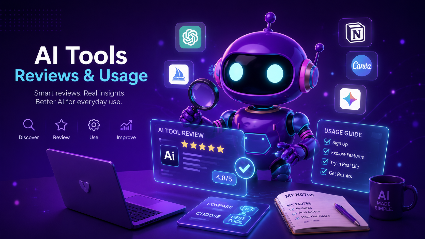 Robot analyzing AI tools and reviews